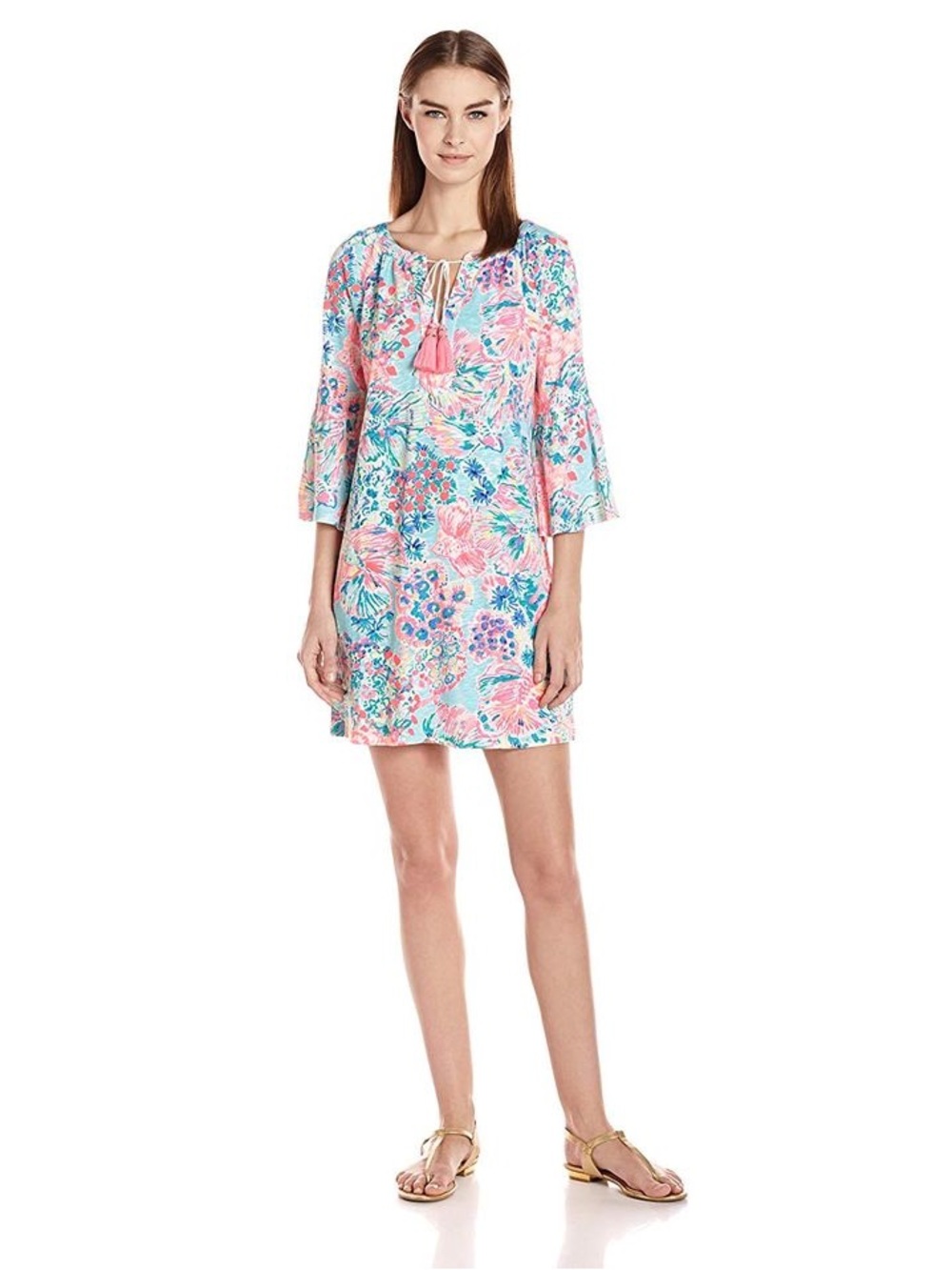 Lilly putlizer ' Floral Tassel Tunic Dress in Pink & Aqua